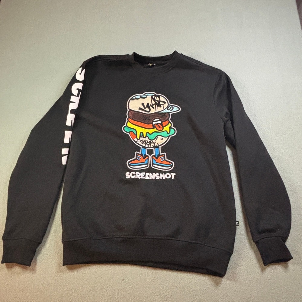 Screenshot Mens L Sweatshirt Burger Character Graphic Streetwear Black Pullover